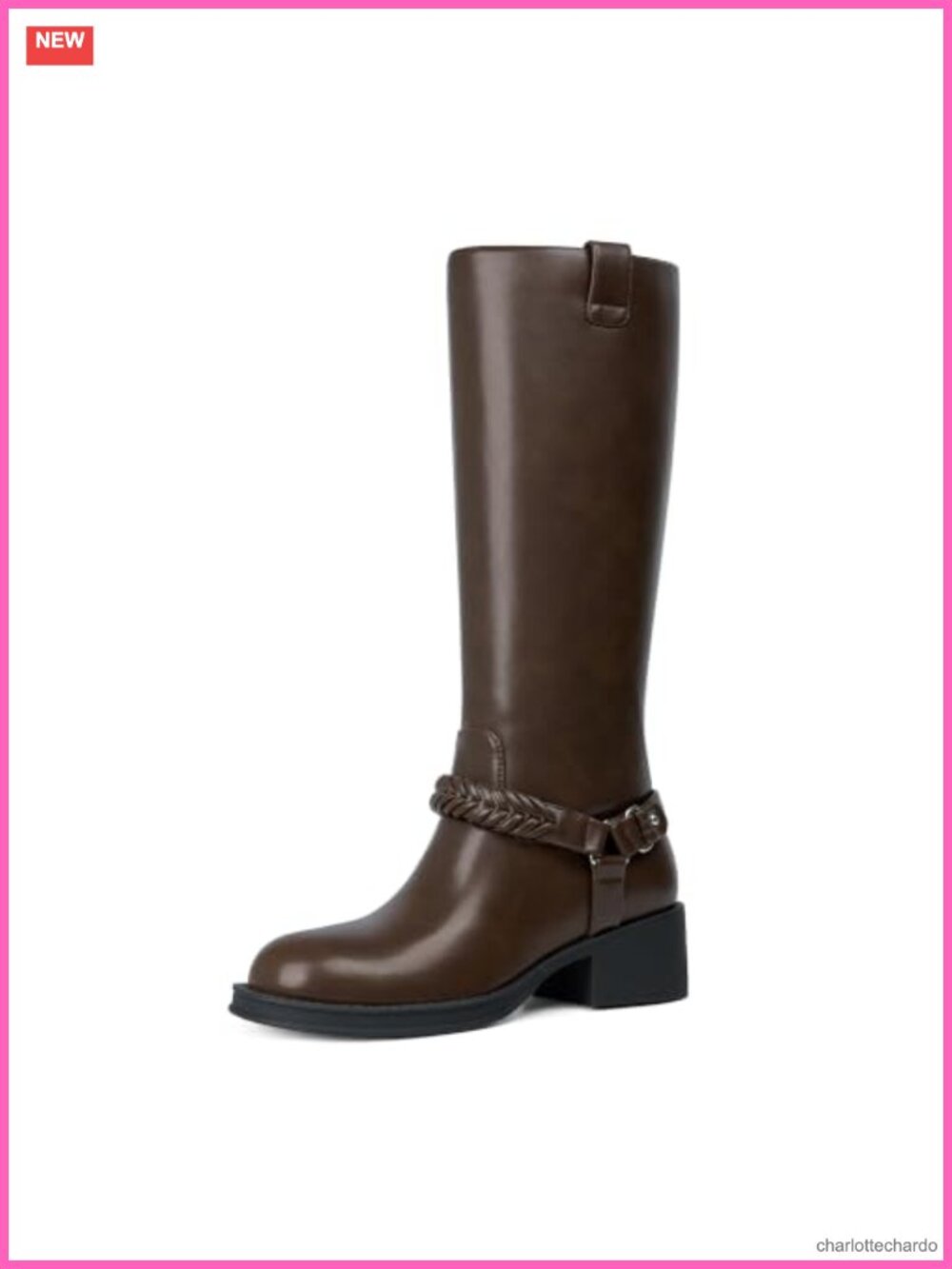 Women's Knee High Boots Chunky Block Heel Braided Strap Faux Leather Riding